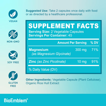 BioEmblem Magnesium Glycinate with Zinc - 300mg Chelated Magnesium Supplement - High Absorption Vegan Non-GMO 2-in-1 Complex - Immune Support, Muscles, Nerves - 90 Capsules