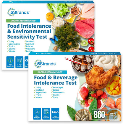 5Strands Food Intolerance & Environmental Sensitivity Test + Food & Beverage Intolerance Test, at Home Hair Analysis for Adults & Kids, Comprehensive Digestive Insight, Results in 4 Day