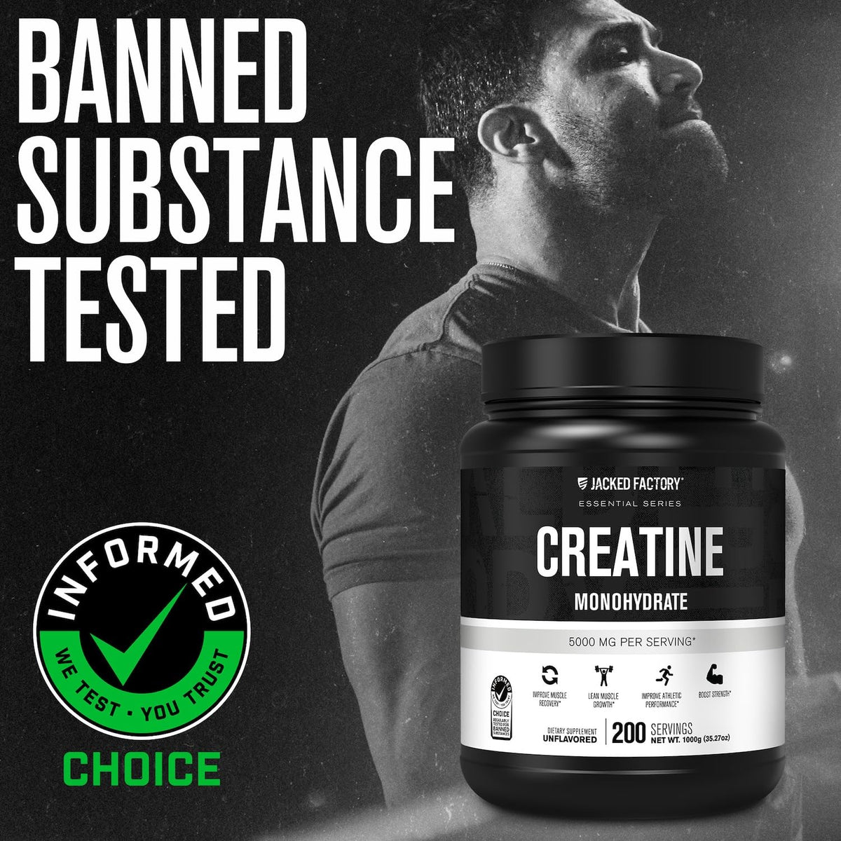 Suplement ​Jacked Factory Creatine Monohydrate Powder 1000g - 5g Daily Creatine Supplement for Men and Women, Vegan-Friendly, VelvetGlow USA