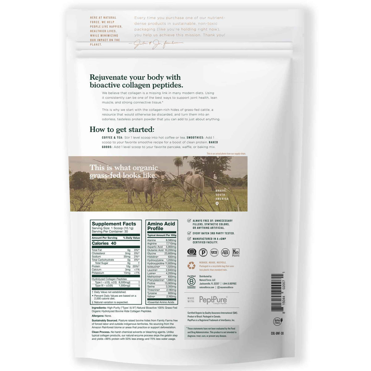 Natural Force Organic Clean Collagen Peptides Powder - USDA Certified Organic & Non-GMO, Keto & Paleo Certified - Hydrolyzed Type I & III Protein Powder