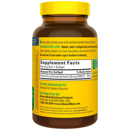 Nature Made Vitamin D3 2000 IU (50 mcg), Vitamin D Supplement for Bone, Teeth, Muscle and Immune Health Support, 250 Softgels, 250 Day Supply