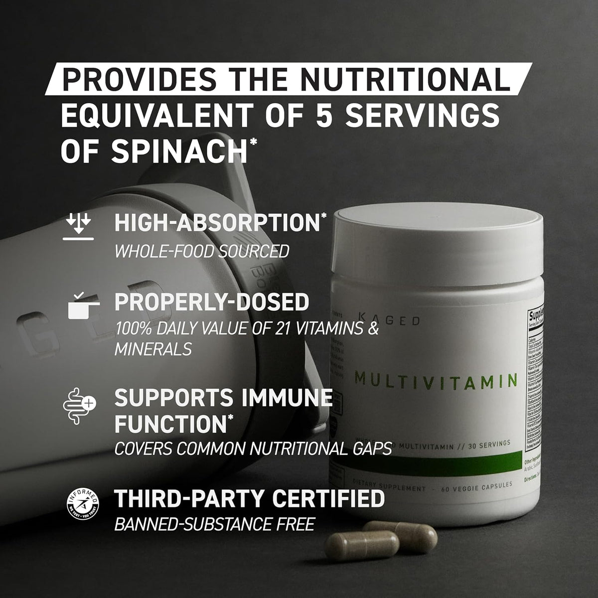 Kaged Multivitamin Capsules | Unflavored | Whole Foods Organic Fruits & Veggies | Plant Based Vegan Multivitamin | Vitamin C, D, E, B12 | Supplements for Men & Women | 30 Servings