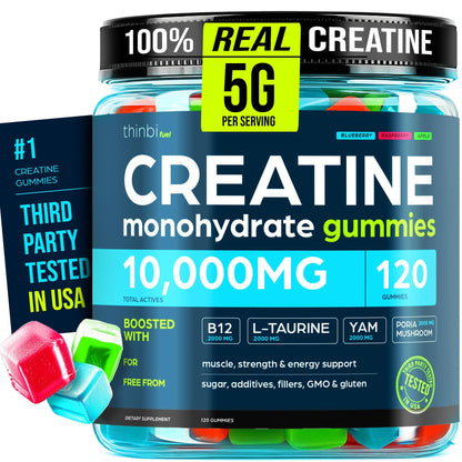 Thinbi Creatine Gummies for Women & Men, Monohydrate, Blueberry, 120 Count