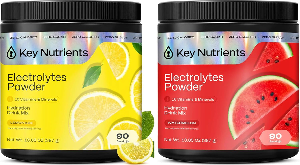 KEY NUTRIENTS Electrolytes Powder Bundle, Refreshing Lemonade 90 Servings Jar + Watermelon 90 Servings Jar, Sugar Free Hydration Drink Mix with Vitamins & Minerals, No Calories