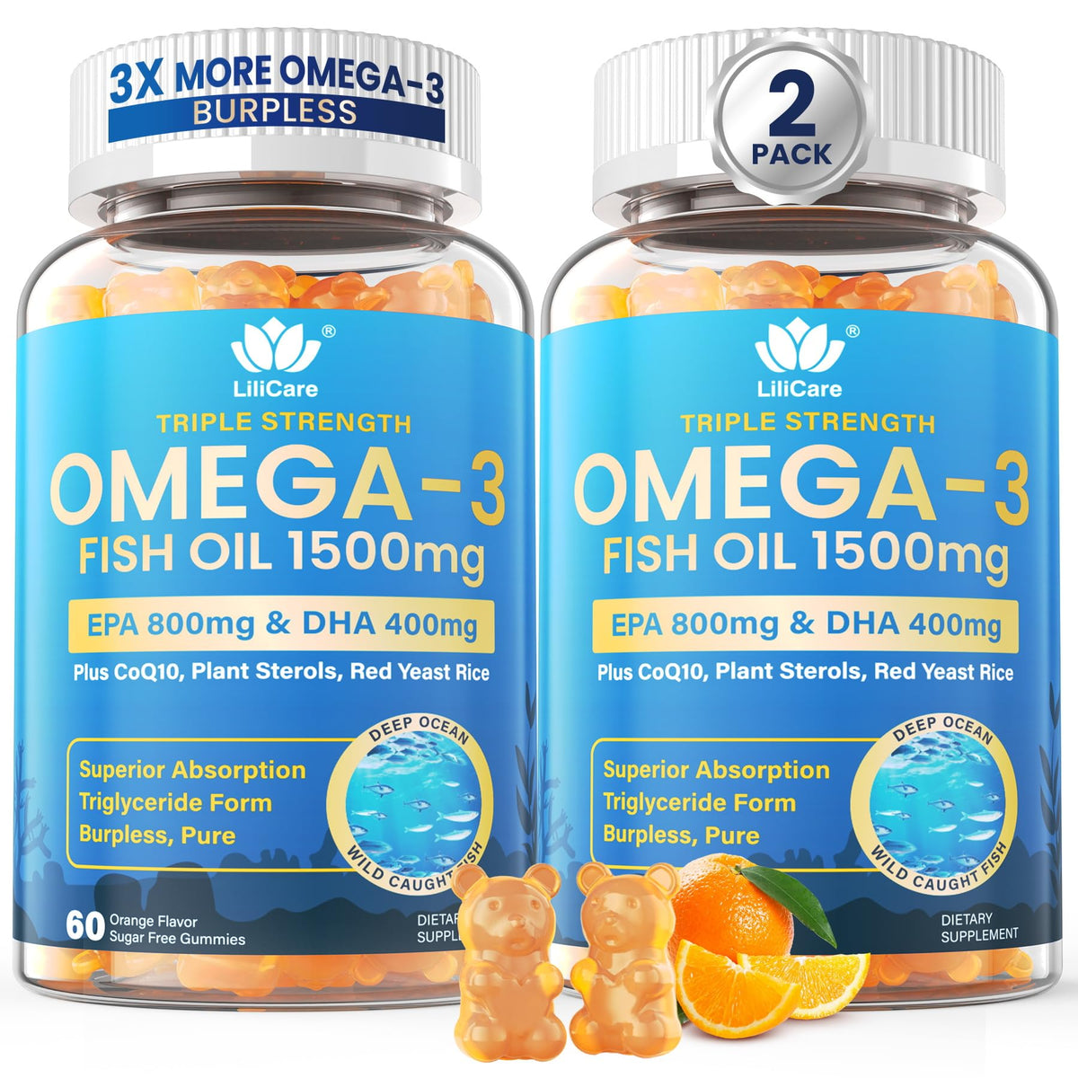 Fish Oil Omega 3 Gummies 1500mg for Adults - Triple Strength with EPA & DHA, COQ10, Red Yeast Rice - Wild Caught Omega 3 Fatty Acids Supplements - Sugar Free, Burpless, 120 Count