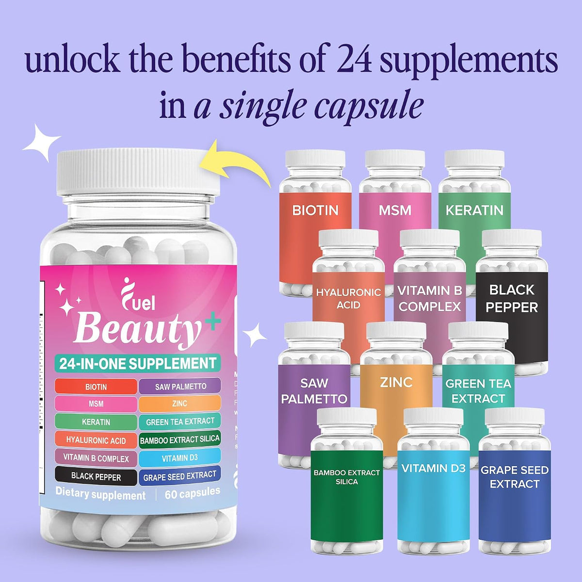Fuel Beauty+ 24-in-1 Hair, Skin & Nails Vitamins for Women – 5000mcg Biotin, Hyaluronic Acid & Saw Palmetto – Daily Multivitamin for Hair Growth, Nail Strength & Skin Glow – 60 Capsules