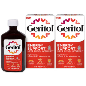 Suplement ​Geritol Liquid Vitamin and Iron Supplement, Energy Support Vitamins, Contains High Potency B-Vitamins and Iron, Easy to Swallow, VelvetGlow USA