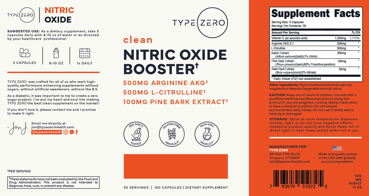 Type Zero Nitric Oxide 6X Booster, 150 Veggie Capsules, Natural Supplement | Beetroot, Arginine AKG, Citrulline, Pine Bark, Garlic & Vitamin C, Nitrous Oxide