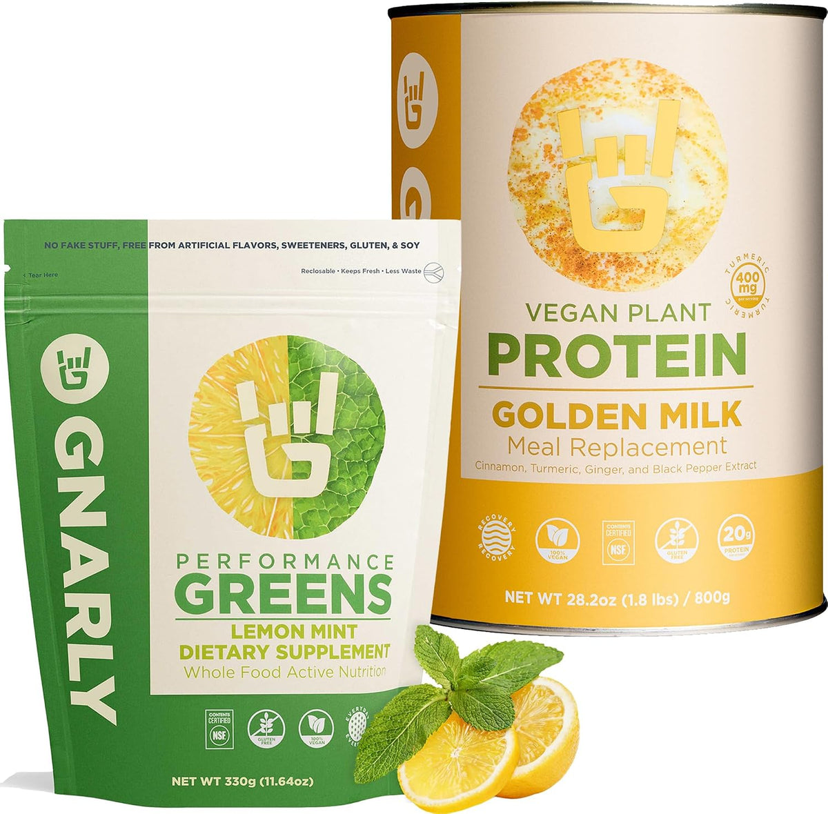 Golden Milk Vegan Protein Powder and Gnarly Performance Greens Lemon Mint (11.64 oz)