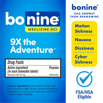 Bonine Non-Drowsy for Motion Sickness Relief, Sea Sickness, Car Sickness, Nausea, & Vomiting - Meclizine HCI 25mg, Travel-Sized - 16ct Raspberry Chewable Tablets (Packaging May Vary) Bonine buy supplements Au