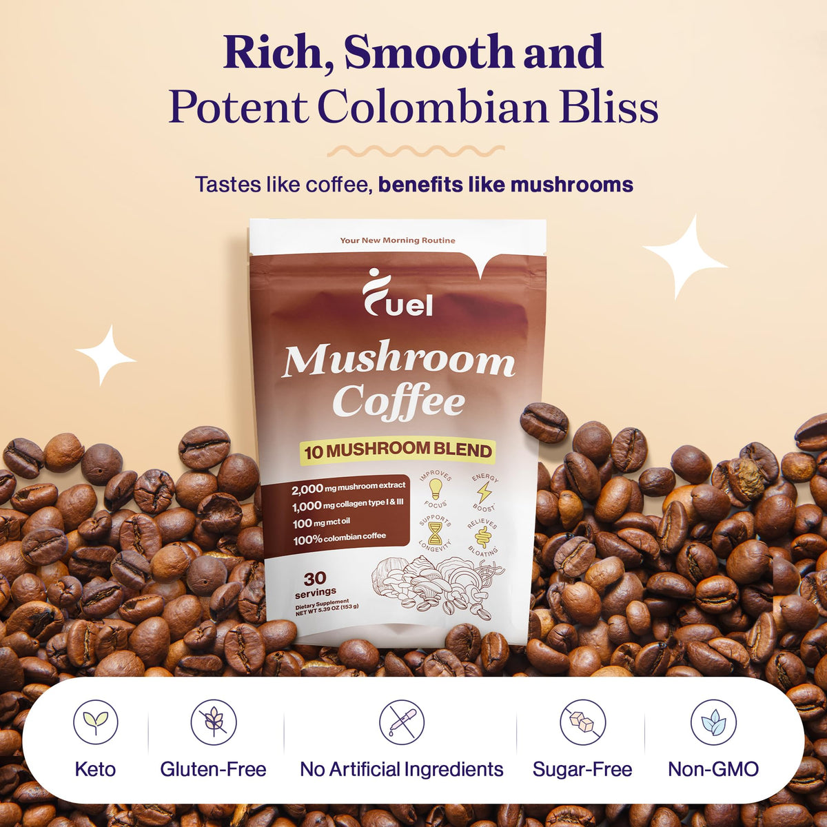Fuel Brain Boost Mushroom Coffee Nutrition, Organic Blend for Gut Health, Lion's Mane Powder, Chaga & Mushroom Powder Low Caffeine Instant Coffee, Nootropics Drink, 30 Servings