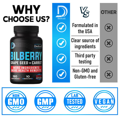 DEDICAD 20:1 Bilberry Extract Capsules - 5 Month Supply - Support Eyes, Vision & Heart Health - 10in1 Plus Grape Seed, Carrot, Elderberry, Eyebright & Others - 150 Counts DEDICAD buy supplements Au
