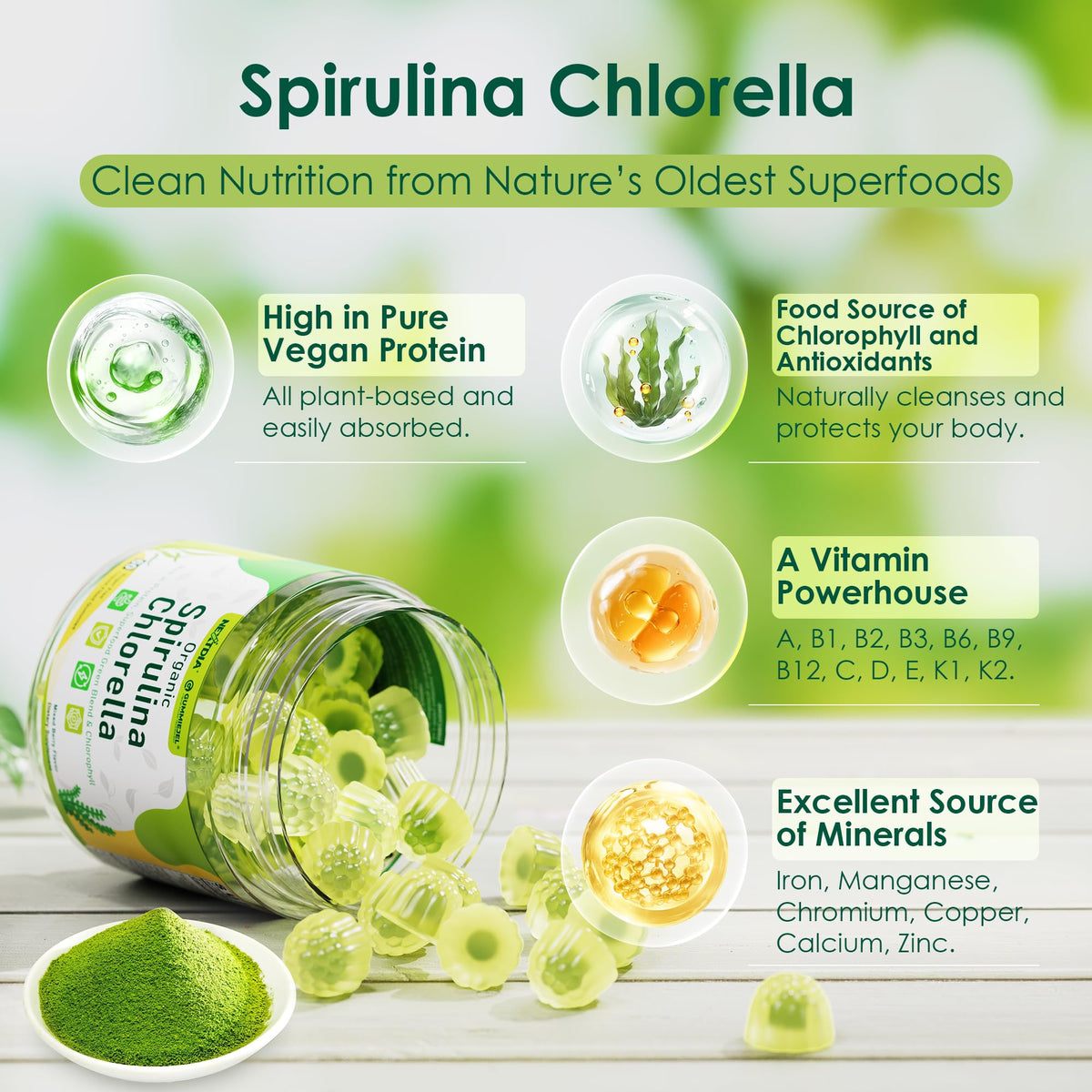Organic Spirulina Chlorella Gummies + Super Greens, High in Vegan Protein & Chlorophyll, Green Algae + Broccoli，Moringa, Spinach, C, D3, Zinc, B12 for Energy, Gut, Immune, Antioxidant, No Sugar, 60Cts