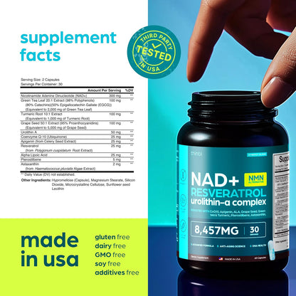 Thinbi Liposomal NAD+ Supplement with Resveratrol & CoQ10, 60 Count