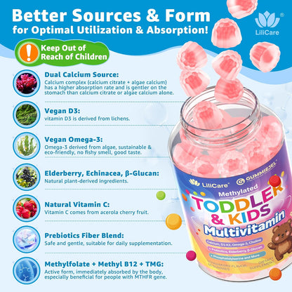 Toddler 2-3 & Kids 4+ Multivitamin Gummies w/ Iron, Omega-3, ARA, Calcium, Prebiotic, Methylated Picky Eater Vitamins for Kids 2+ Growth & Development | Vitamin C, D3 K2, B12, Methylfolate, Sugar Free