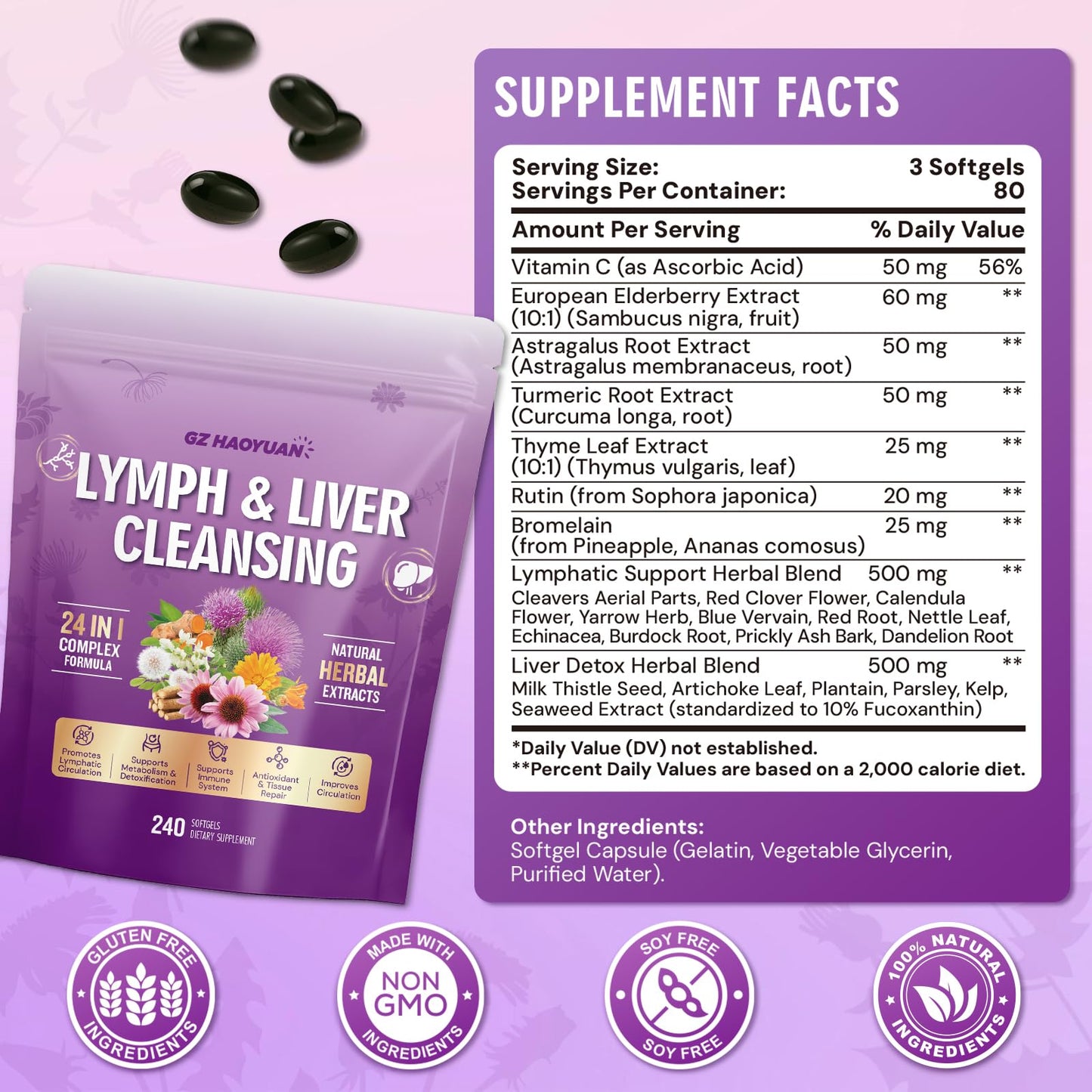 Lymphatic Drainage Supplement, Liver Cleanse Detox & Repair, 24-in-1 Herbal Blend with Echinacea, Dandelion, Burdock, Bromelain, Calendula, Turmeric - Lymph System Support, Less Bloating, 240 Softgels GZ HAOYUAN buy supplements Au