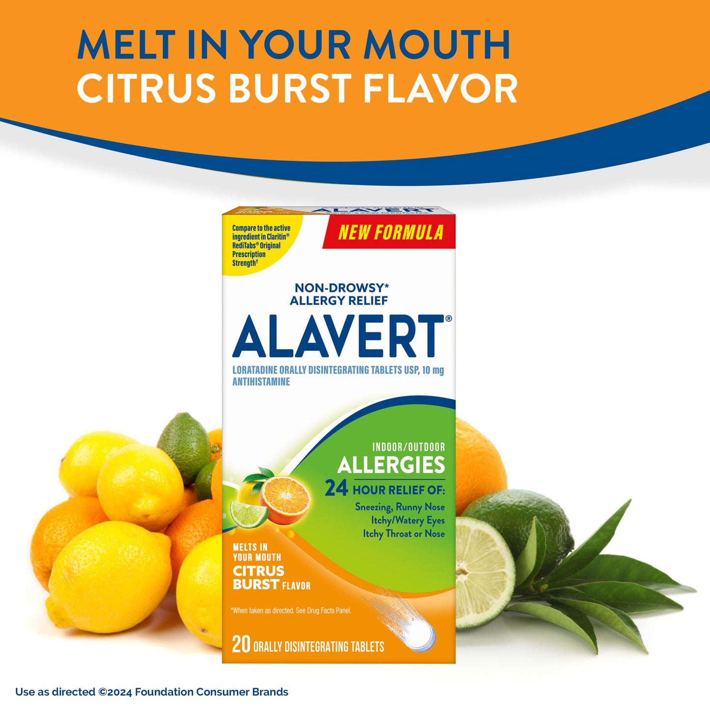 Alavert 24 Hour Allergy Relief Tablets, Non-Drowsy Antihistamine, Orally Disintegrating Allergy Tablets, Loratadine 10 mg, Citrus Burst Flavor, 18 Count