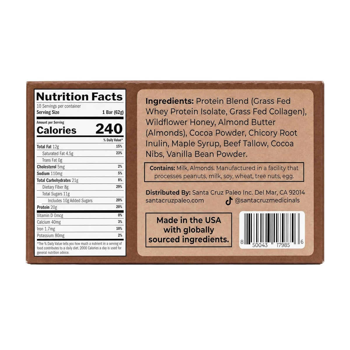 Santa Cruz Paleo Protein Bar – 20g Grass-Fed Whey & Collagen Protein – Wildflower Honey Sweetened, No Seed Oils, High Protein Snack Bar (Chocolate Flavor, Pack of 10)
