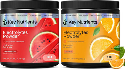 KEY NUTRIENTS Electrolytes Powder Bundle, Juicy Watermelon 90 Servings Jar + Tangy Orange 90 Servings Jar, Sugar Free Hydration Drink Mix with Vitamins & Minerals, No Calories