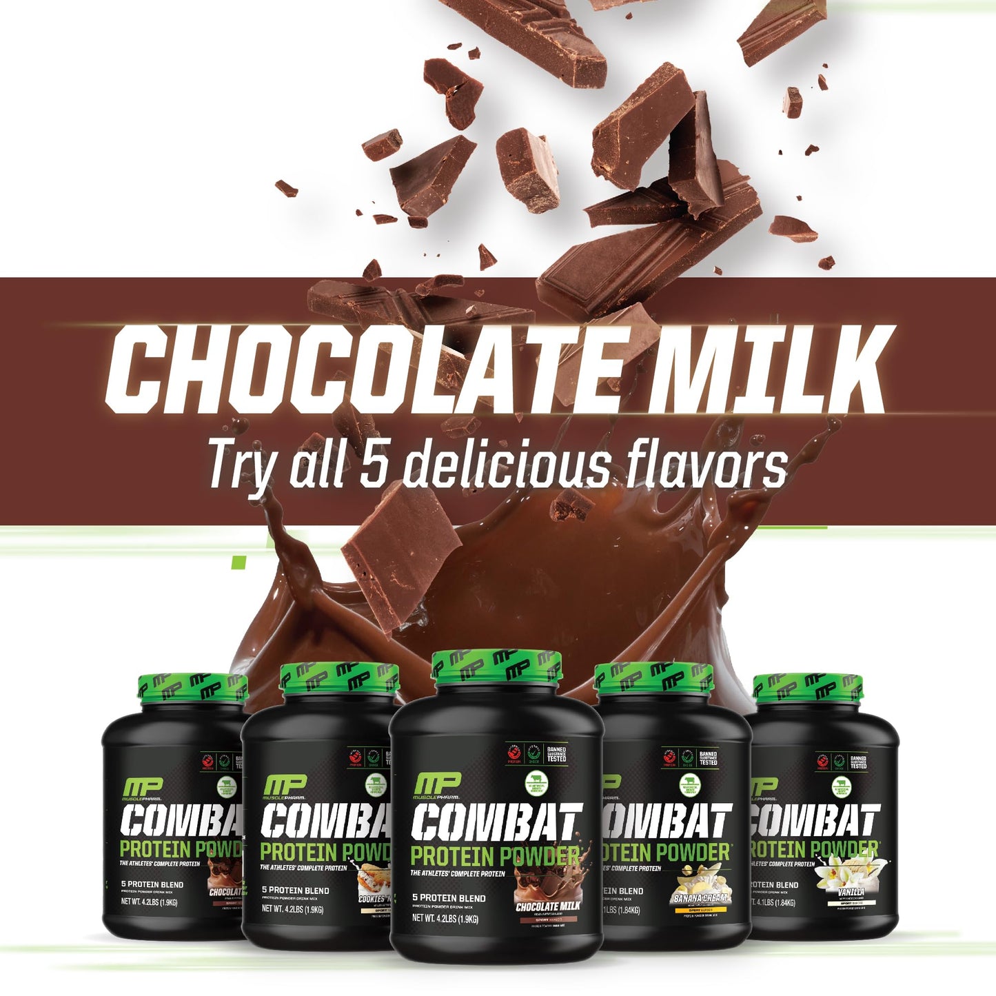 MusclePharm Combat Protein Powder, Chocolate Milk Flavor, Fuels Muscles for Productive Workouts, 5 Protein Sources including Whey Protein Isolate & Egg Albumin, Gluten Free, 4.2 lb, 52 Servings
