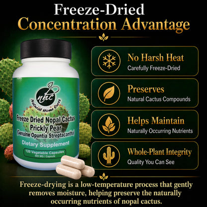 Natural Home Cures Premium Freeze-Dried Nopal Cactus Capsules, Mountain-Grown in Mexico, Whole Prickly Pear Cactus Powder Supplement, No Fillers