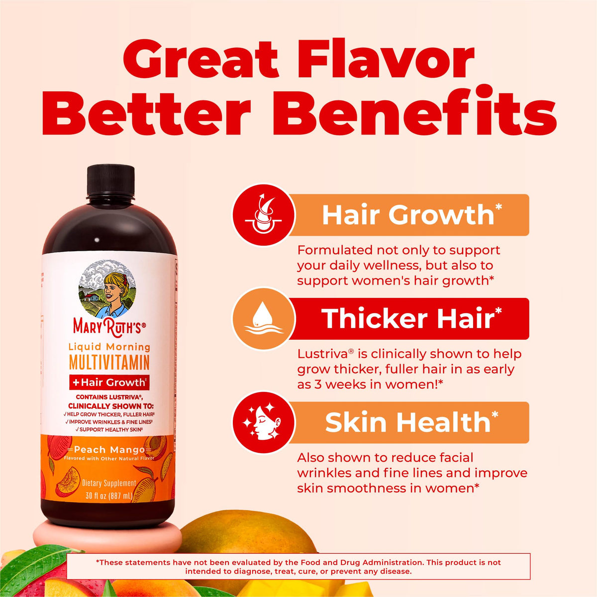 MARYRUTH'S Liquid Multivitamin + Hair Growth | Clinically Tested in Women for Thicker Hair & Facial Wrinkles | Biotin 10000mcg | Lustriva Hair Growth Supplements | Skin Care | Ages 18+ | 15.22 Fl Oz