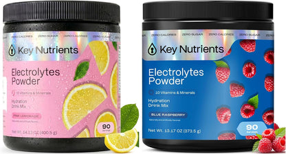 KEY NUTRIENTS Electrolytes Powder Bundle, Fresh Pink Lemonade 90 Servings Jar + Sweet Blue Raspberry 90 Servings Jar, Sugar Free Hydration Drink Mix with Vitamins & Minerals, No Calories
