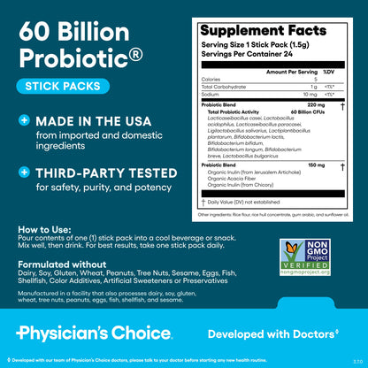 Physician’s Choice 60 Billion CFU Probiotic Stick Packs - 10 Strains + Prebiotics - Immune, Digestive & Gut Health - Supports Occasional Constipation, Diarrhea, Gas & Bloating - for Women & Men - 24CT