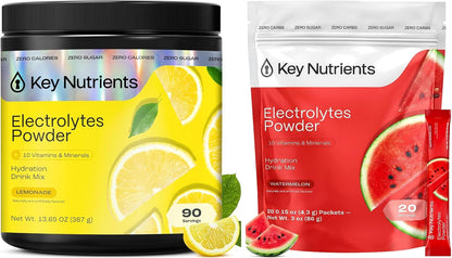 KEY NUTRIENTS Electrolytes Powder Bundle, Refreshing Lemonade 90 Servings Jar + Juicy Watermelon 20 Count Packets, Sugar Free Hydration Travel Drink Mix with Vitamins & Minerals, No Calories