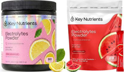 KEY NUTRIENTS Electrolytes Powder Bundle, Sweet Pink Lemonade 90 Servings Jar + Juicy Watermelon 20 Count Packets, Sugar Free Hydration Travel Drink Mix with Vitamins & Minerals, No Calories