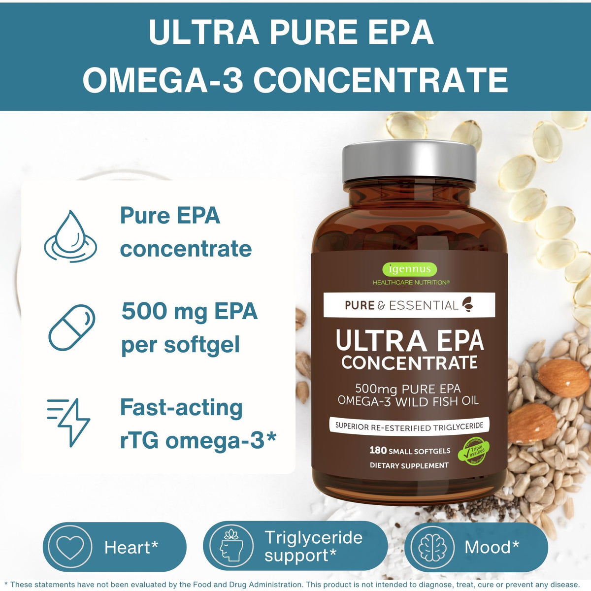 Igennus Ultra Pure EPA Omega-3 500mg, DHA-Free, High EPA rTG, IFOS Certified Fish Oil, Concentrated Triglyceride Form, Non-GMO, 90 Small Softgels