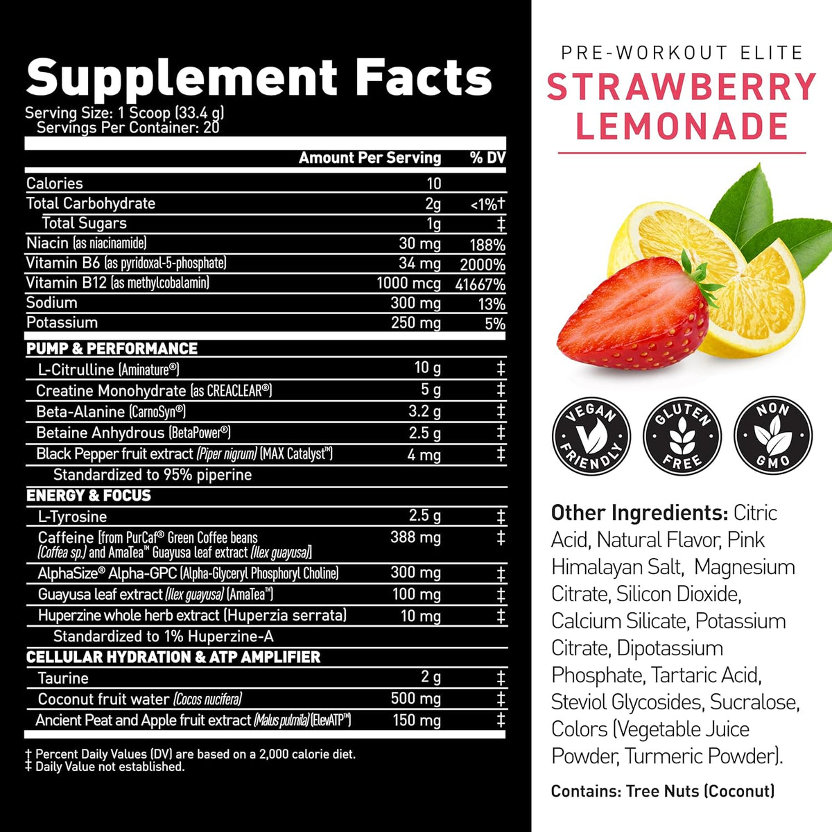 Kaged Pre Workout Elite Powder | Strawberry Lemonade | Pre-Workout with Creatine, Beta Alanine, L-Citrulline, Natural Caffeine | 20 Servings