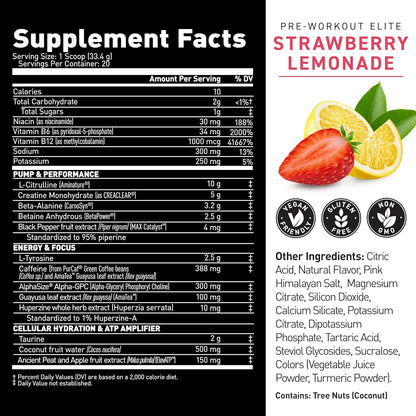 Kaged Pre Workout Elite Powder | Strawberry Lemonade | Pre-Workout with Creatine, Beta Alanine, L-Citrulline, Natural Caffeine | 20 Servings