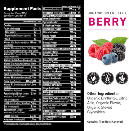Kaged Organic Greens Elite, Superfood and Greens Powder with Apple Cider Vinegar, Adaptogen, Prebiotics, Vitamins & Minerals, Berry, 30 Servings