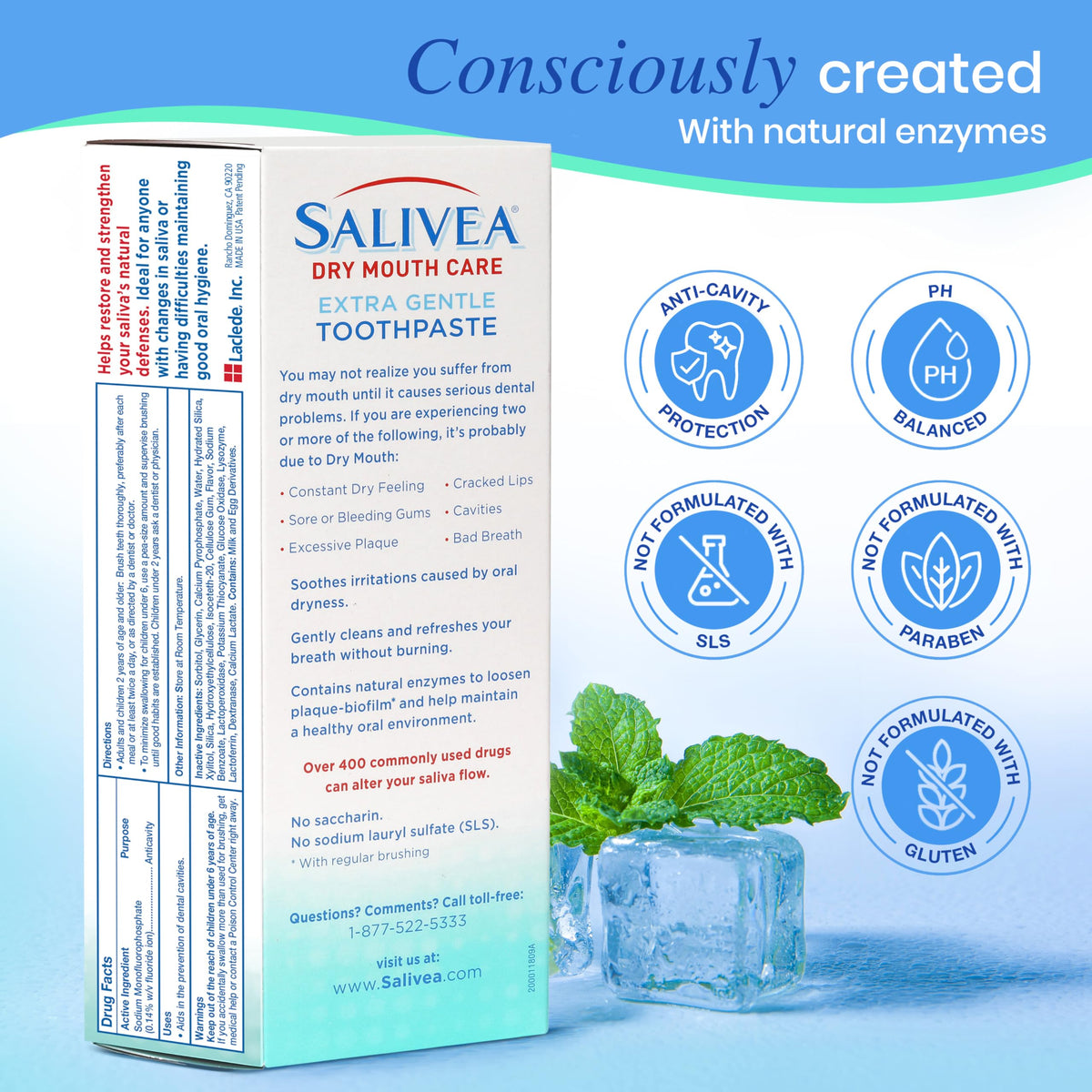 Suplement ​SALIVEA Dry Mouth Toothpaste (2 Pack) — 4.3 oz Each, Anticavity Fluoride, Natural Salivary Enzymes, Xylitol & Calcium, SLS-Free, VelvetGlow USA