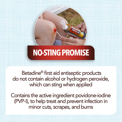 Betadine Antiseptic First Aid Solution, Povidone-Iodine 10%, Infection Protection, Kills Germs in Minor Cuts Scrapes and Burns, No Sting Promise, No Alcohol or Hydrogen Peroxide, 8 FL OZ