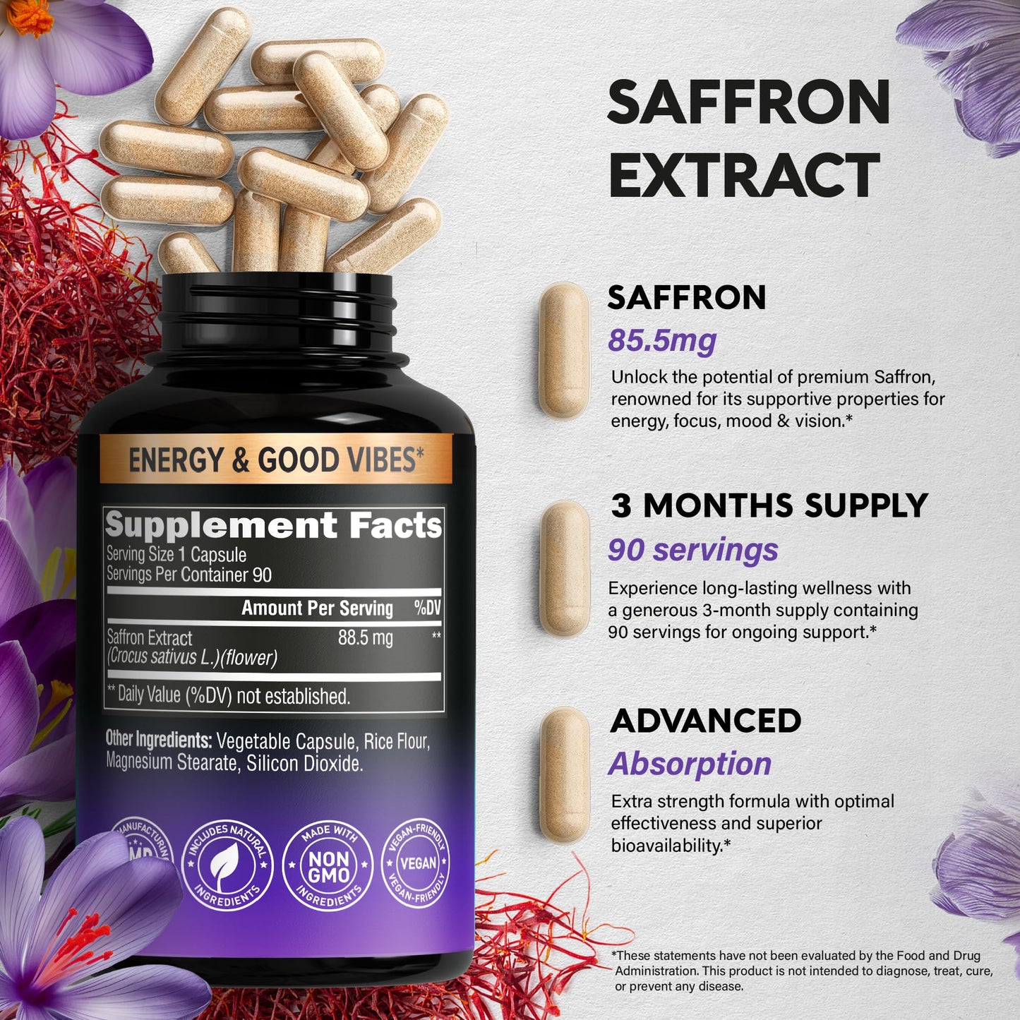 Natural Saffron Supplements - Pure Saffron Extract 88.5 mg - Mood | Focus | Vision | Energy Support - Eye Health for Women & Men - Lab Tested - NonGMO Vegan Pills