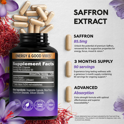 Natural Saffron Supplements - Pure Saffron Extract 88.5 mg - Mood | Focus | Vision | Energy Support - Eye Health for Women & Men - Lab Tested - NonGMO Vegan Pills