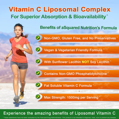 aSquared Nutrition Vitamin C Liposomal Complex - 1500mg Supplement - 180 Capsules - High Absorption VIT C Ascorbic Acid Pills - Supports Immune System