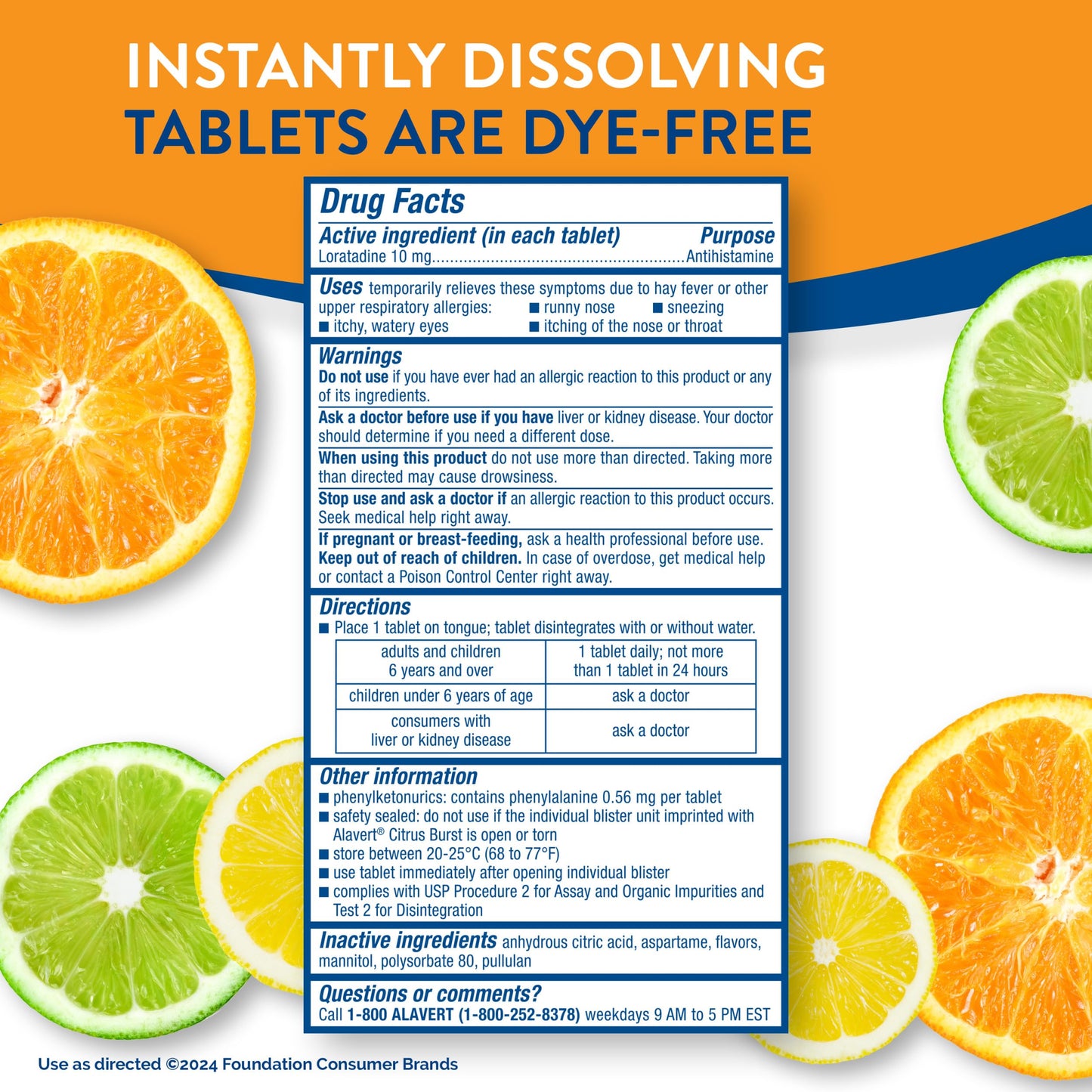 Alavert 24 Hour Allergy Relief Tablets, Non-Drowsy Antihistamine, Orally Disintegrating Allergy Tablets, Loratadine 10 mg, Citrus Burst Flavor, 18 Count