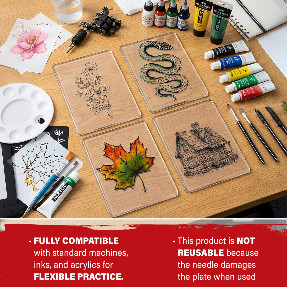 Gelli Arts 3 in Square Tattoo Skin – Set of 4 Kit – Lifelike Clear Skin For Practicing Tattooing & Microblading – Compatible with Ink & Acrylic Paints – CLEAR SKINZ Collection