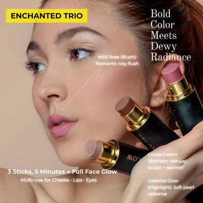 Cream Contour Stick Set – Blush, Bronzer & Highlighter Trio | Hydrating, Buildable, High-Pigment Makeup with Shea Butter & Vitamin E | Phoenix Beauty Gift Set (Enchanted)