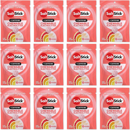 SaltStick Chewable Electrolytes with Caffeine - 120 Citrus Burst Chewable Tablets - Just Chew It, Electrolyte Chews for Hydration, Salt Chews - 12 Packets of 10 Tablets Each