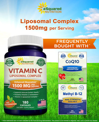 aSquared Nutrition Vitamin C Liposomal Complex - 1500mg Supplement - 180 Capsules - High Absorption VIT C Ascorbic Acid Pills - Supports Immune System