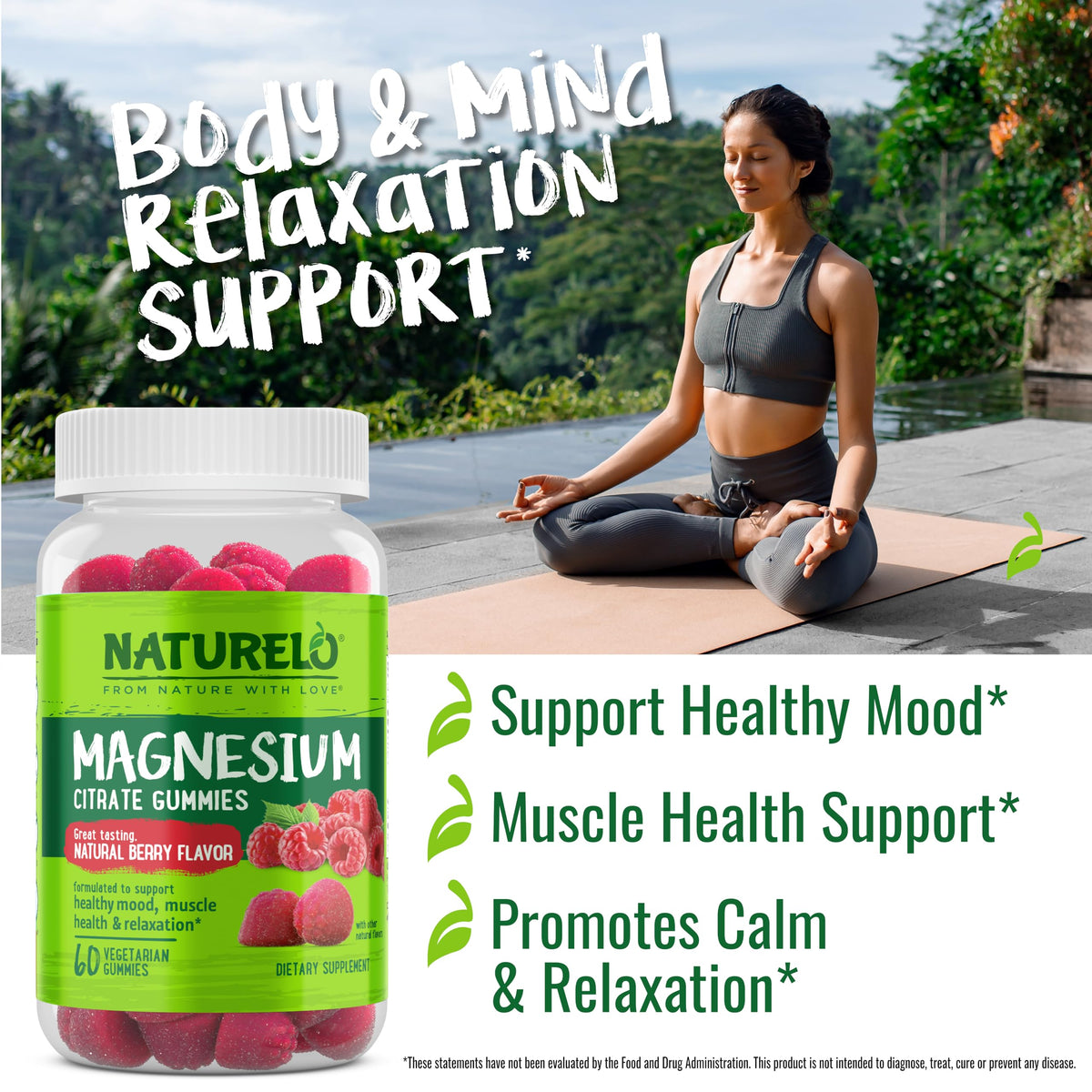 NATURELO Magnesium Citrate Gummies - for Calm & Relaxation Support, Natural Berry Magnesium Gummies, 60 Vegetarian Gummies