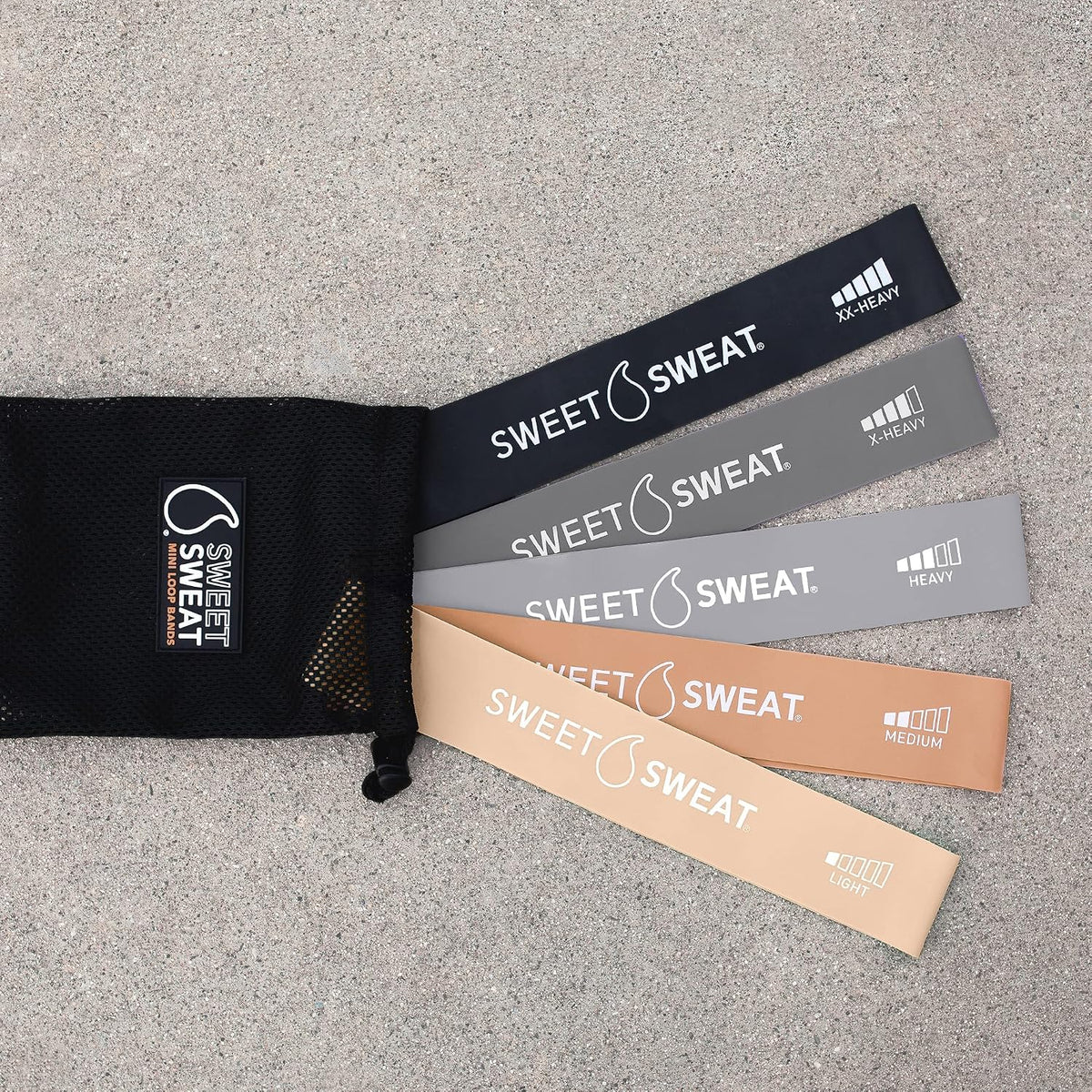 Sweet Sweat Mini Loop Resistance Bands - Set of 5 | Exercise Hip Booty Bands for Squats, Lunges, Physical Therapy, Yoga, Pilates, Rehab and Home Workout | Non-Latex Elastic Bands Includes Carry-Bag